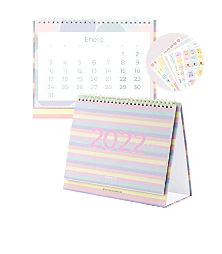 Calendario de Mesa 2022 - Colors - Un diseÃ±o diferente por mes - Dos PÃ¡ginas: una pÃ¡gina de calendario y otra de planificador - Papel de 210 gr - Medidas: 23 x 17,5 cm - Takenote